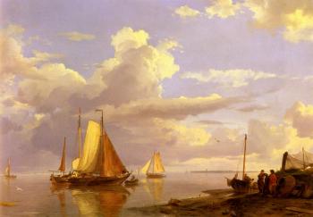 Johannes Hermanus Koekkoek : Fishing Boats Off The Coast At Dusk